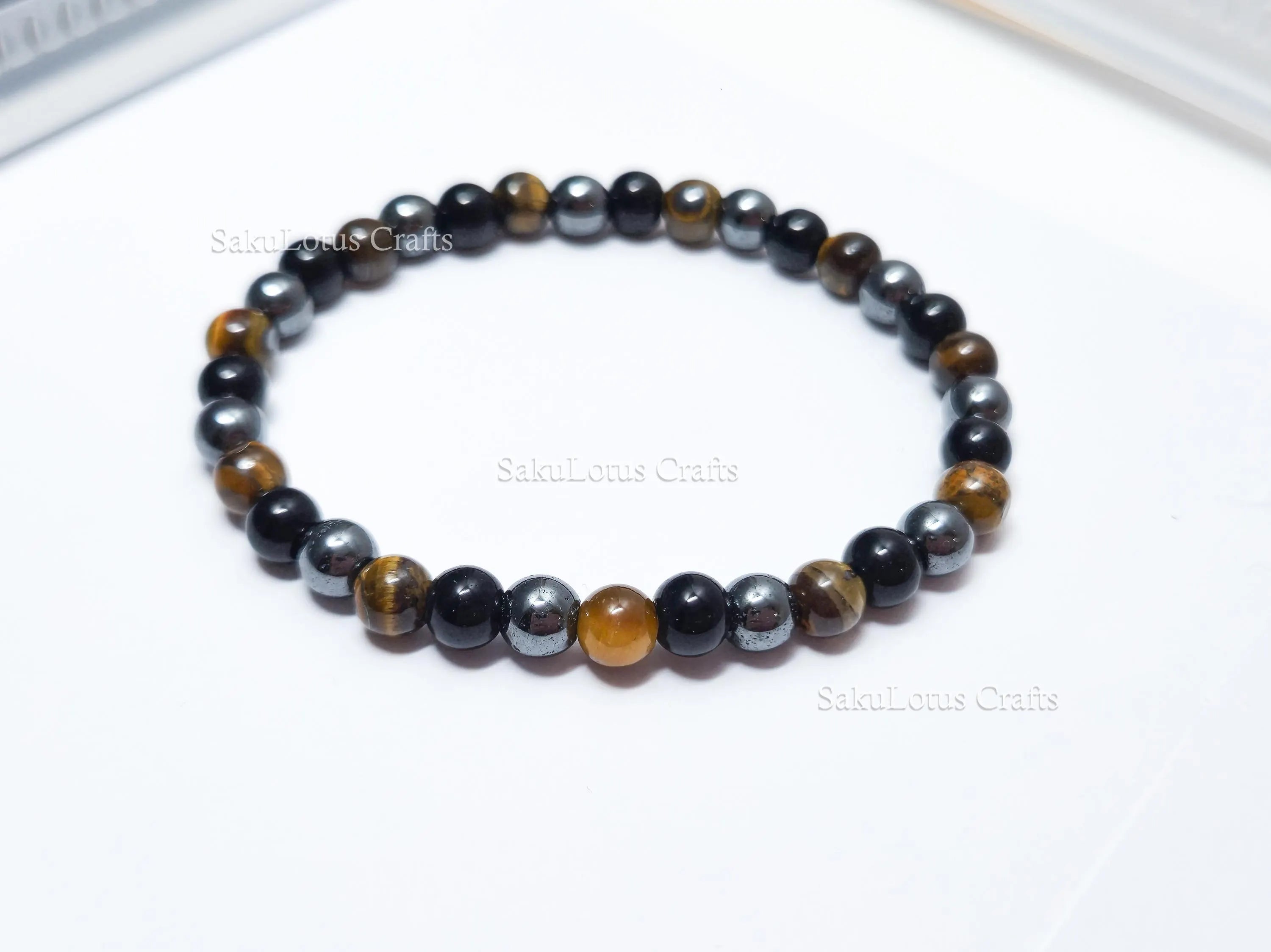 Natural Tiger’s Eye, Obsidian & Hematite Bracelet • 6.5mm Round Beads • Stretch Fit 7"–7.5" • Minimal Everyday Style