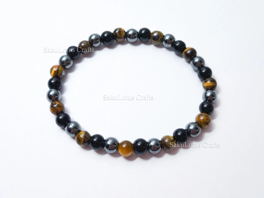 Natural Tiger’s Eye, Obsidian & Hematite Bracelet • 6.5mm Round Beads • Stretch Fit 7"–7.5" • Minimal Everyday Style
