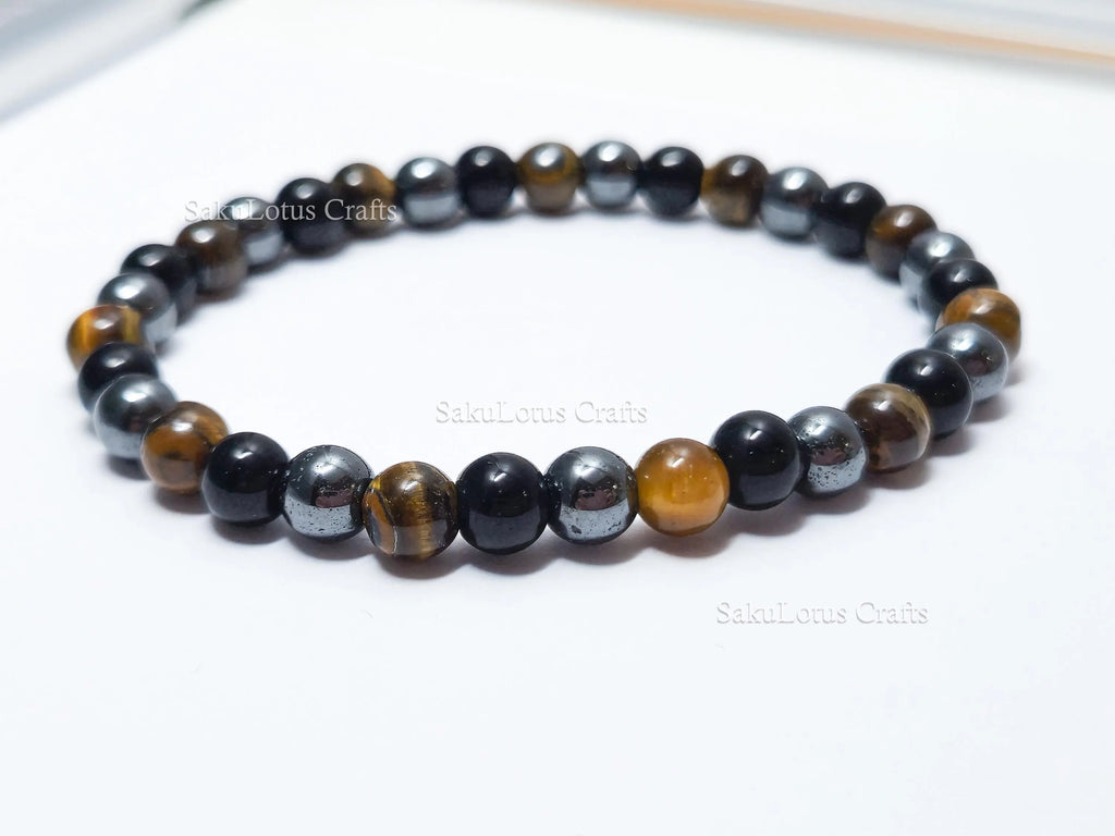 Natural Tiger’s Eye, Obsidian & Hematite Bracelet • 6.5mm Round Beads • Stretch Fit 7"–7.5" • Minimal Everyday Style