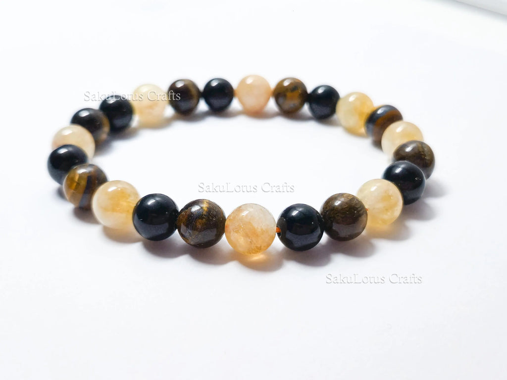 Natural Tiger’s Eye, Obsidian & Citrine Bracelet • 8.5mm Round Beads • Stretch Fit 7"–7.5" • Minimal Everyday Style