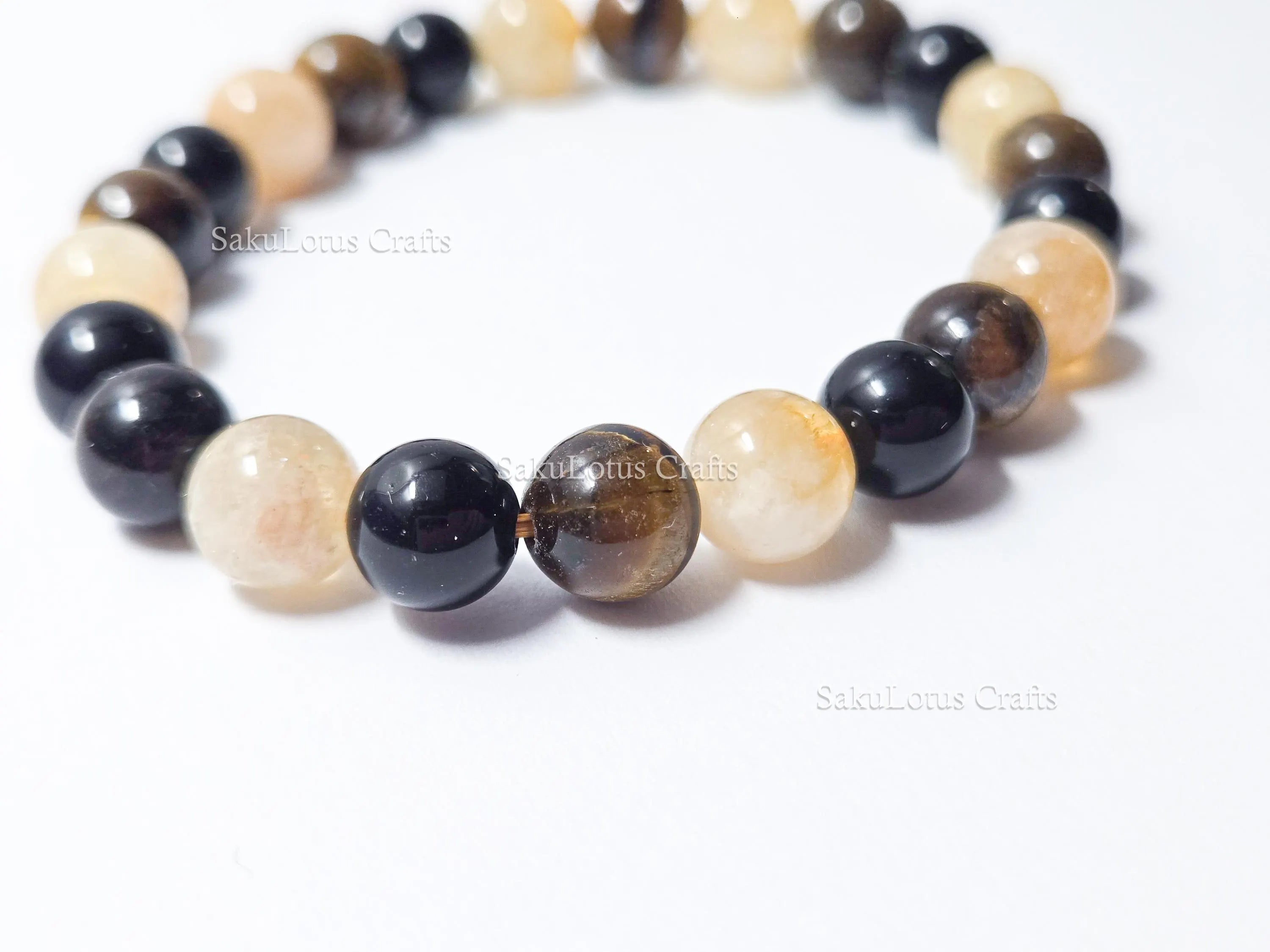 Natural Tiger’s Eye, Obsidian & Citrine Bracelet • 8.5mm Round Beads • Stretch Fit 7"–7.5" • Minimal Everyday Style