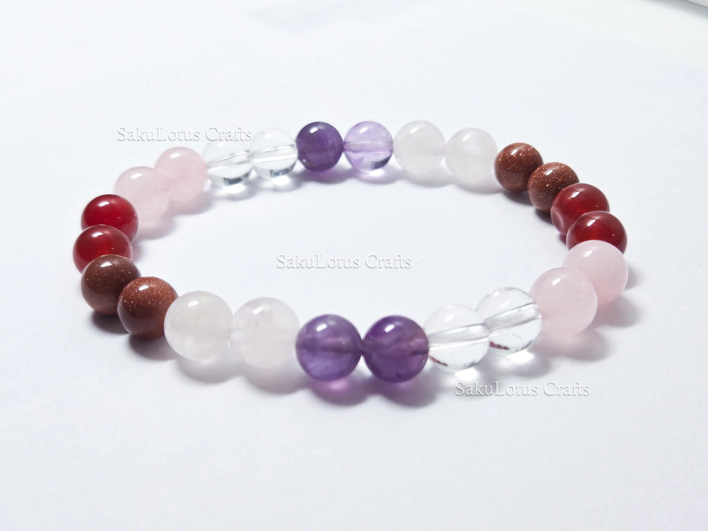 Natural Rose Quartz, Clear Quartz, Amethyst & Carnelian Bracelet • 8mm Round Beads • Stretch Fit 7"–7.5" • Minimal Everyday Style