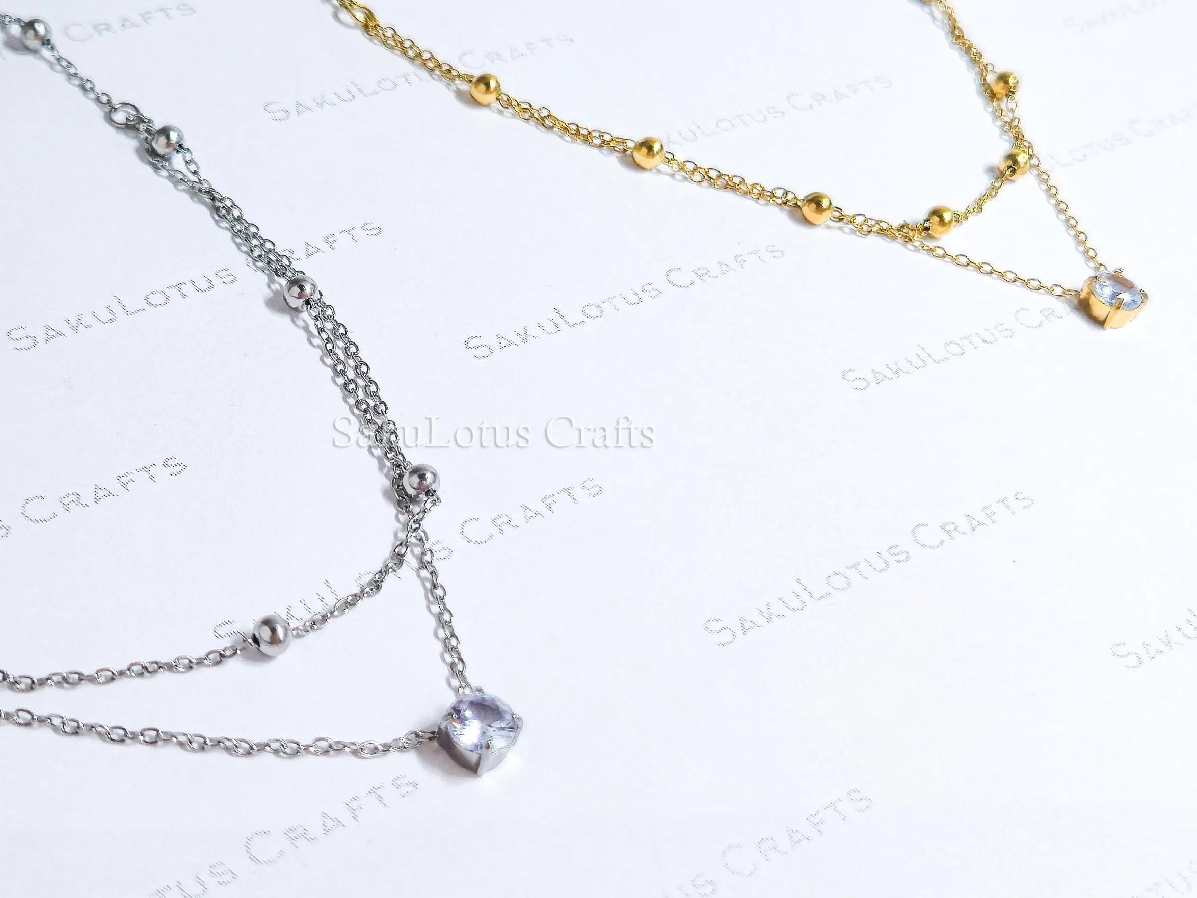 Dainty Satellite Necklace • Double Front Chain • 18K Gold or Silver Stainless Steel • CZ Crystal Necklace