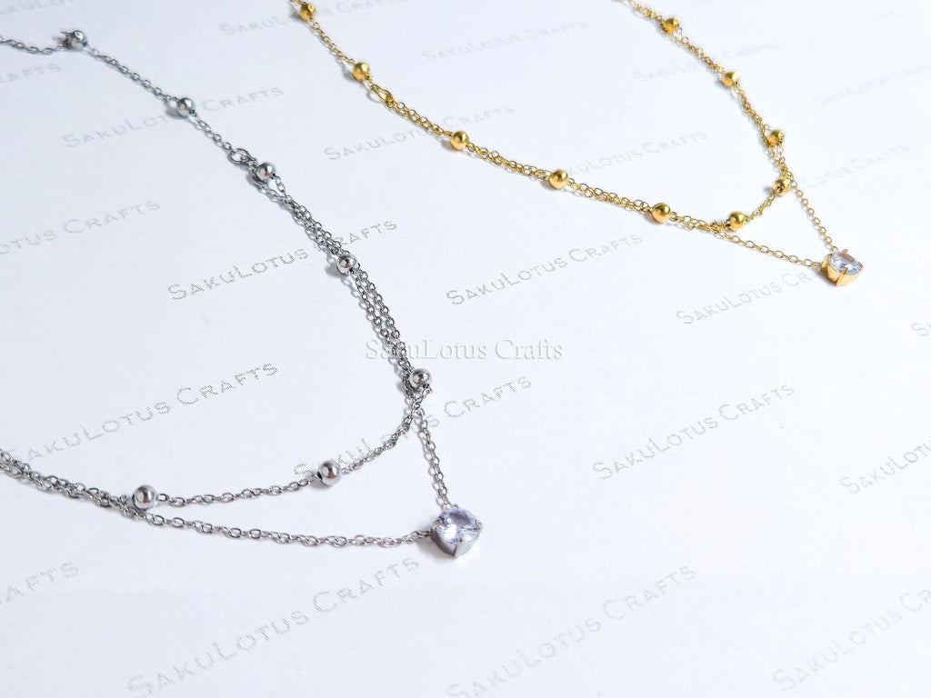 Dainty Satellite Necklace • Double Front Chain • 18K Gold or Silver Stainless Steel • CZ Crystal Necklace