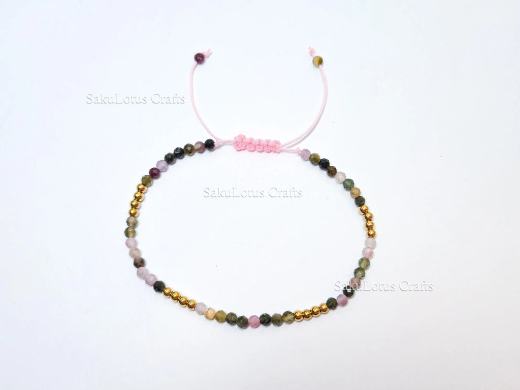 Faceted Multi-Color Tourmaline Bracelet • 3.3mm Beads • Adjustable Sliding Knot • 18K Gold Plated • Dainty Minimal Style