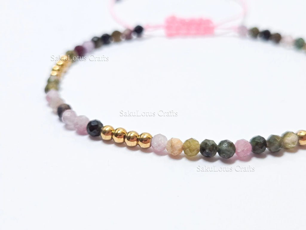 Faceted Multi-Color Tourmaline Bracelet • 3.3mm Beads • Adjustable Sliding Knot • 18K Gold Plated • Dainty Minimal Style