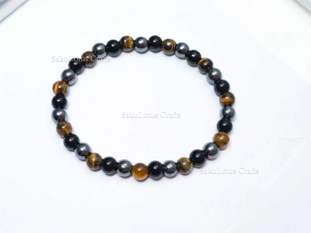 Natural Tiger’s Eye, Obsidian & Hematite Bracelet • 6.5mm Round Beads • Stretch Fit 7"–7.5" • Minimal Everyday Style