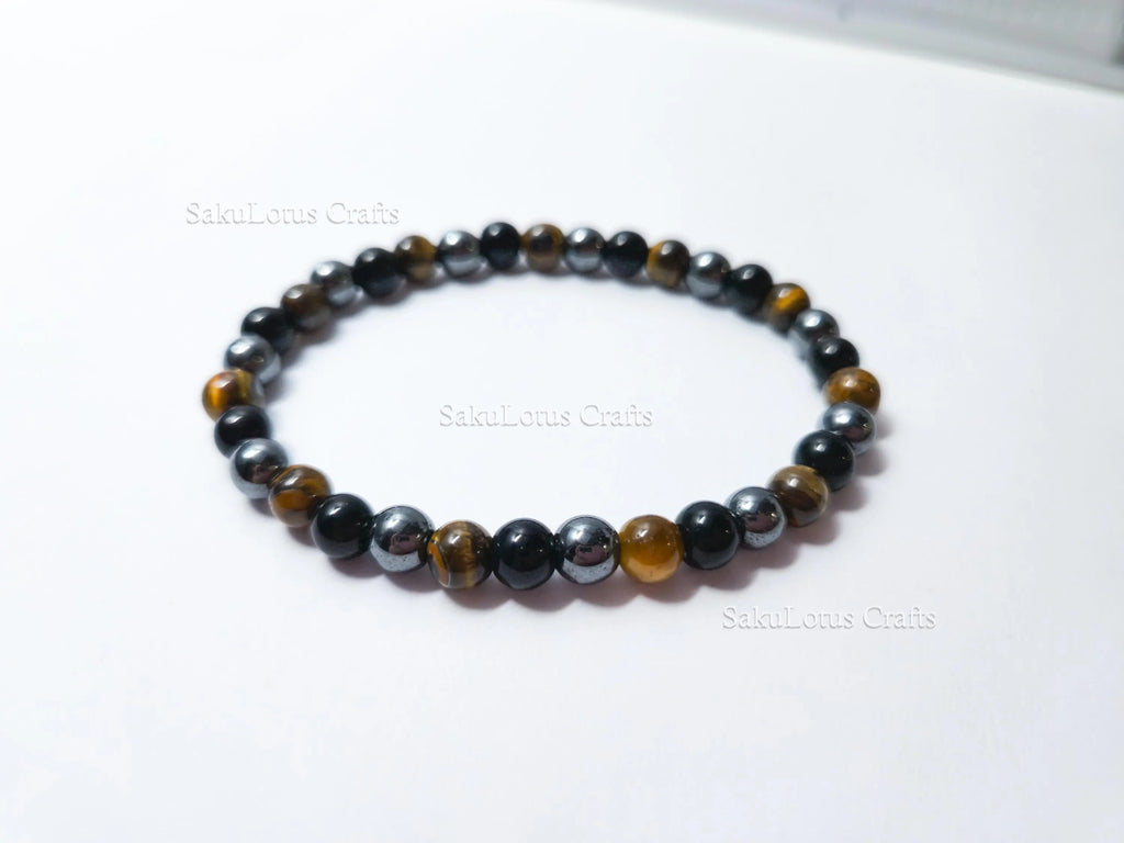 Natural Tiger’s Eye, Obsidian & Hematite Bracelet • 6.5mm Round Beads • Stretch Fit 7"–7.5" • Minimal Everyday Style