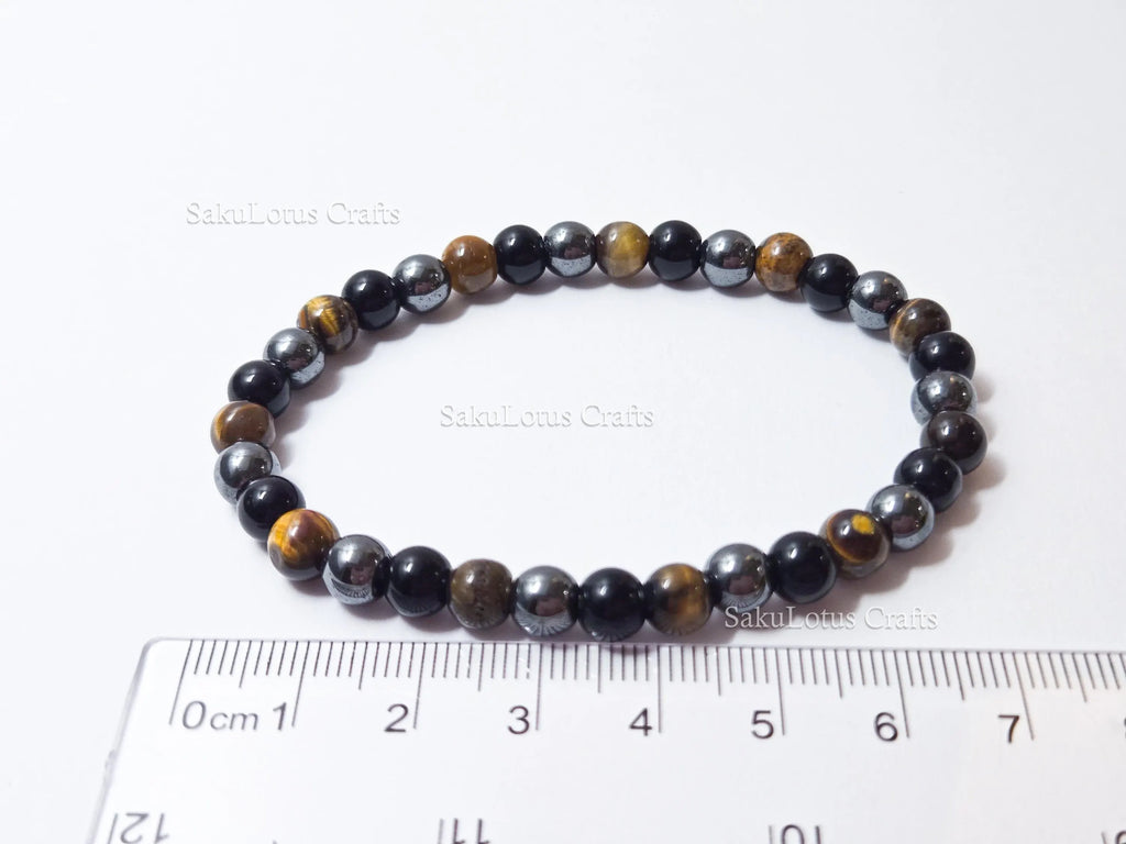 Natural Tiger’s Eye, Obsidian & Hematite Bracelet • 6.5mm Round Beads • Stretch Fit 7"–7.5" • Minimal Everyday Style