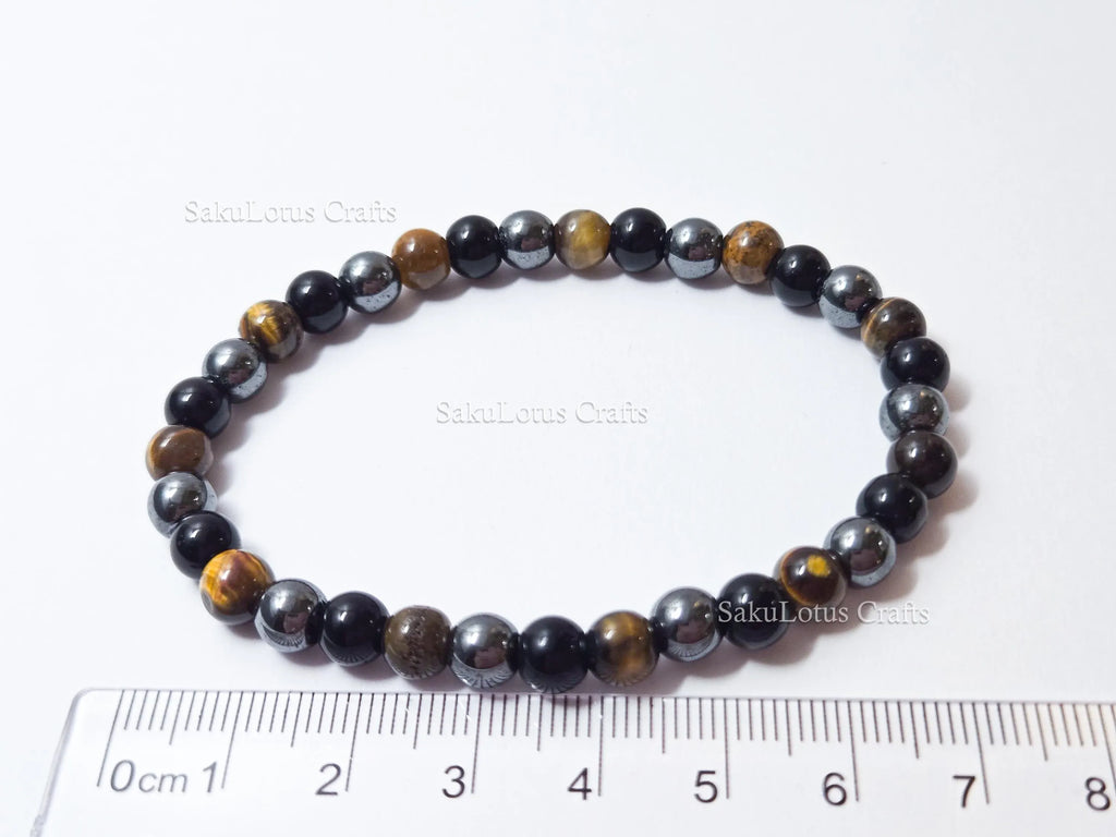 Natural Tiger’s Eye, Obsidian & Hematite Bracelet • 6.5mm Round Beads • Stretch Fit 7"–7.5" • Minimal Everyday Style