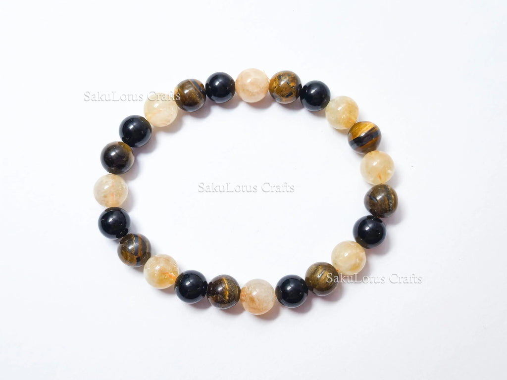 Natural Tiger’s Eye, Obsidian & Citrine Bracelet • 8.5mm Round Beads • Stretch Fit 7"–7.5" • Minimal Everyday Style
