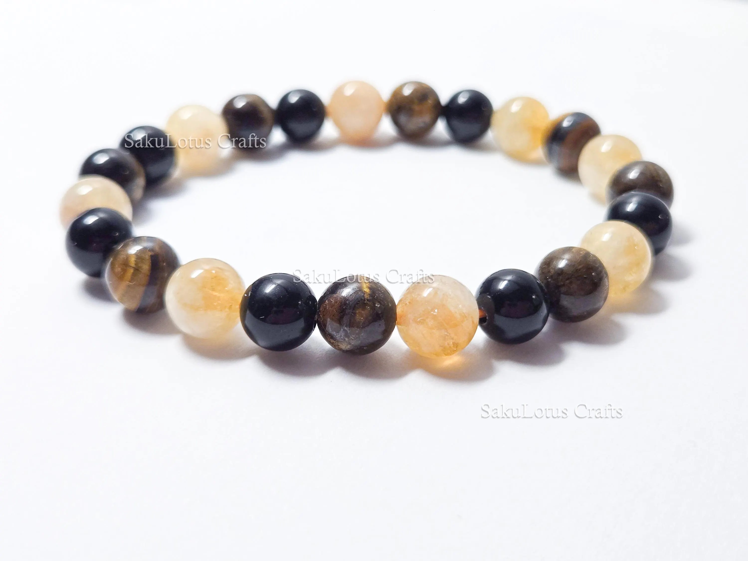 Natural Tiger’s Eye, Obsidian & Citrine Bracelet • 8.5mm Round Beads • Stretch Fit 7"–7.5" • Minimal Everyday Style