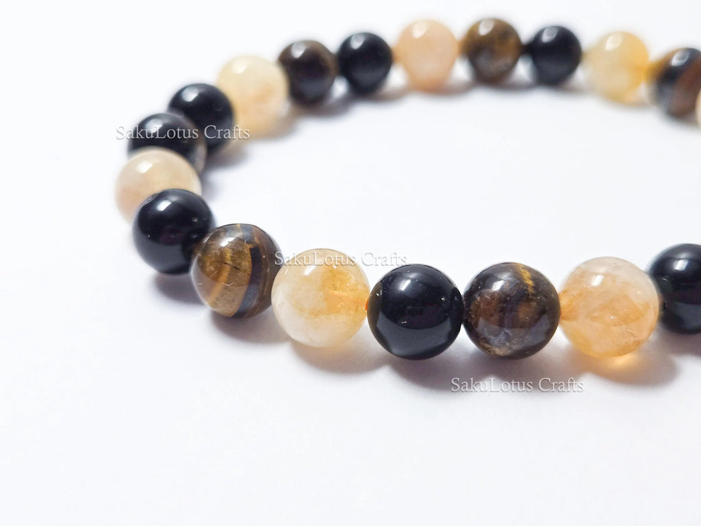 Natural Tiger’s Eye, Obsidian & Citrine Bracelet • 8.5mm Round Beads • Stretch Fit 7"–7.5" • Minimal Everyday Style