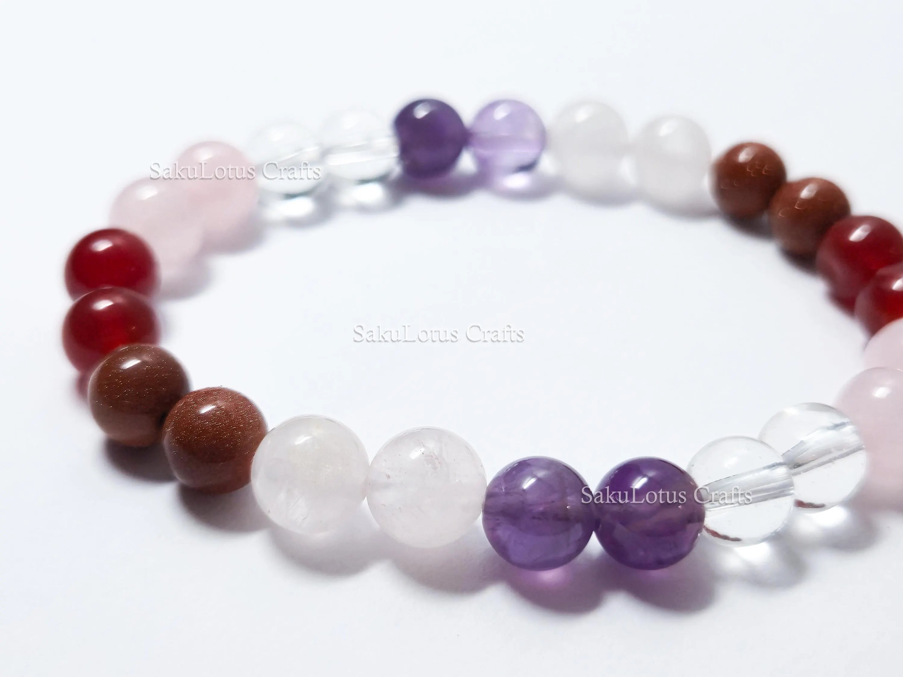 Natural Rose Quartz, Clear Quartz, Amethyst & Carnelian Bracelet • 8mm Round Beads • Stretch Fit 7"–7.5" • Minimal Everyday Style