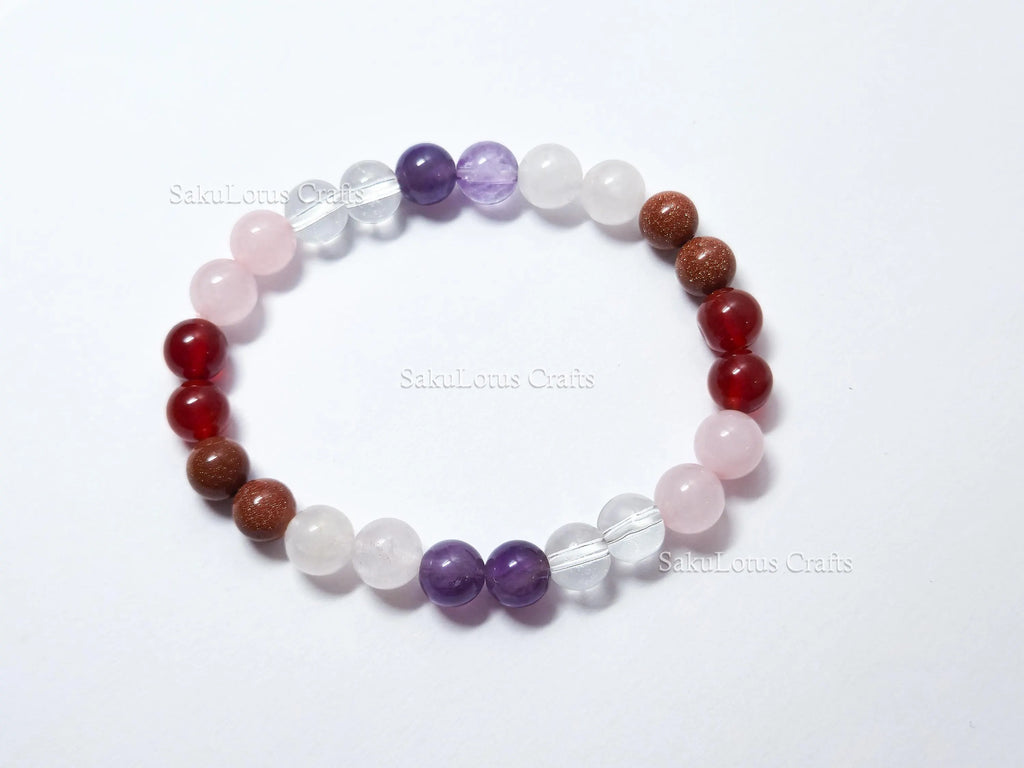 Natural Rose Quartz, Clear Quartz, Amethyst & Carnelian Bracelet • 8mm Round Beads • Stretch Fit 7"–7.5" • Minimal Everyday Style