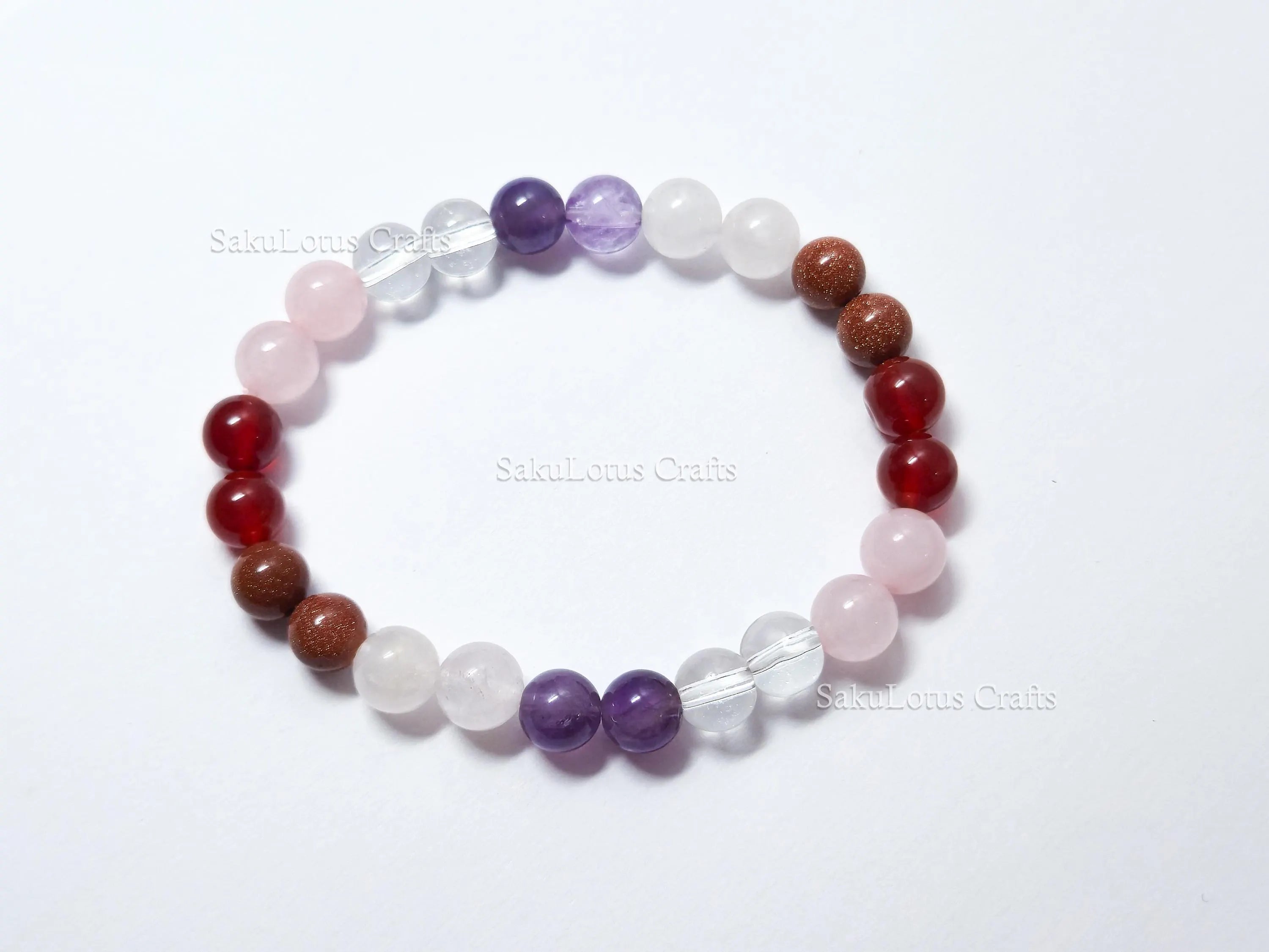 Natural Rose Quartz, Clear Quartz, Amethyst & Carnelian Bracelet • 8mm Round Beads • Stretch Fit 7"–7.5" • Minimal Everyday Style