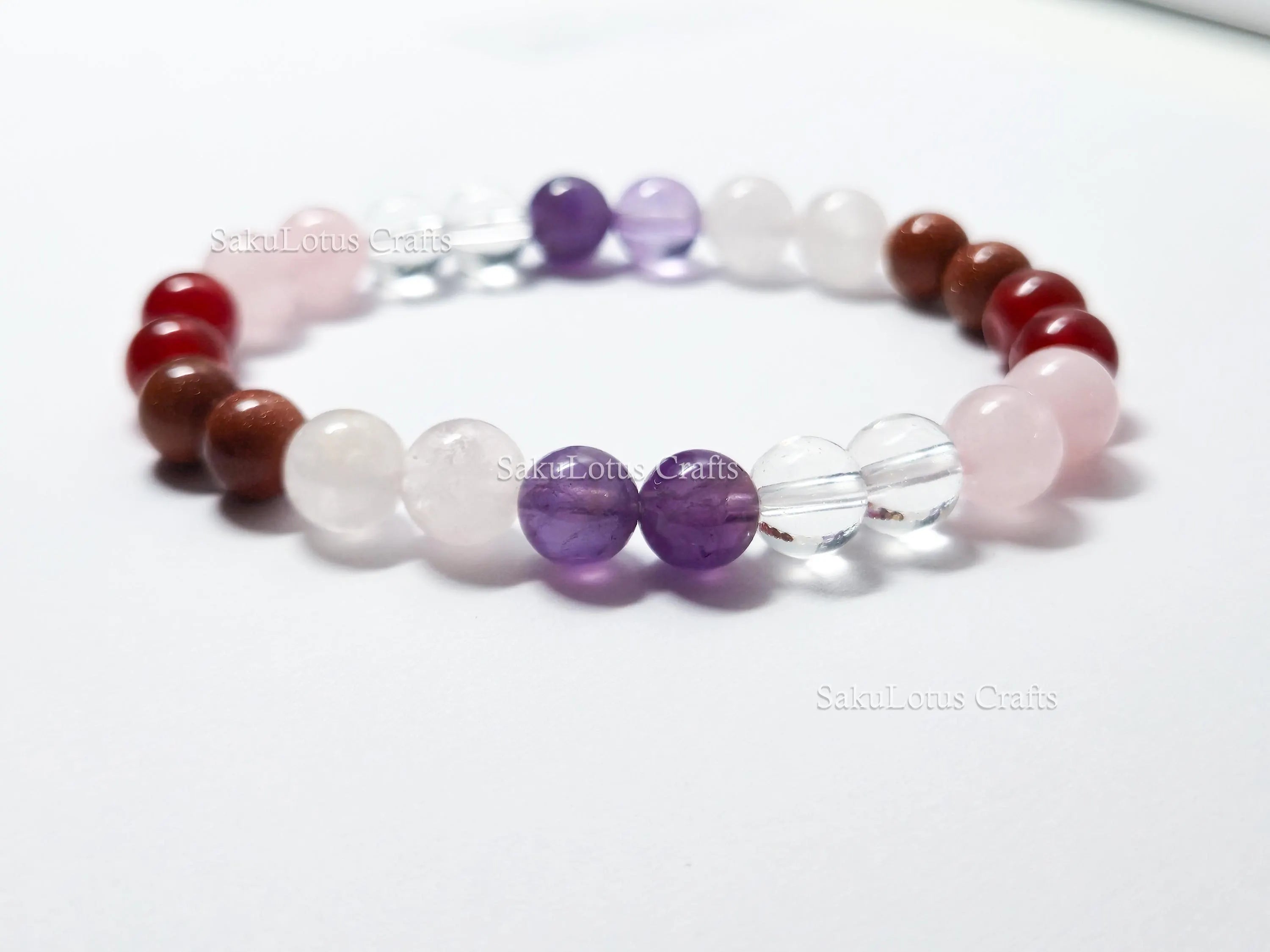 Natural Rose Quartz, Clear Quartz, Amethyst & Carnelian Bracelet • 8mm Round Beads • Stretch Fit 7"–7.5" • Minimal Everyday Style