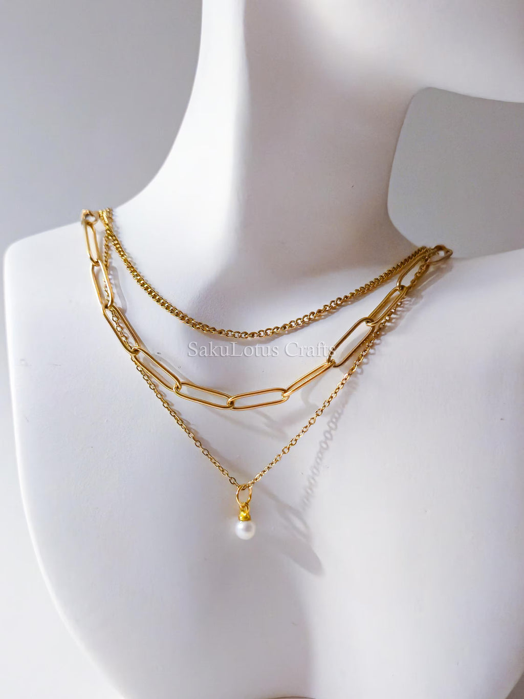 3 Layer 18K Gold Stainless Steel Necklace or Bracelet Set • Paper Clip Curb & Cable Chain • White Freshwater Pearl Jewelry