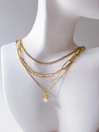 3 Layer 18K Gold Stainless Steel Necklace or Bracelet Set • Paper Clip Curb & Cable Chain • White Freshwater Pearl Jewelry