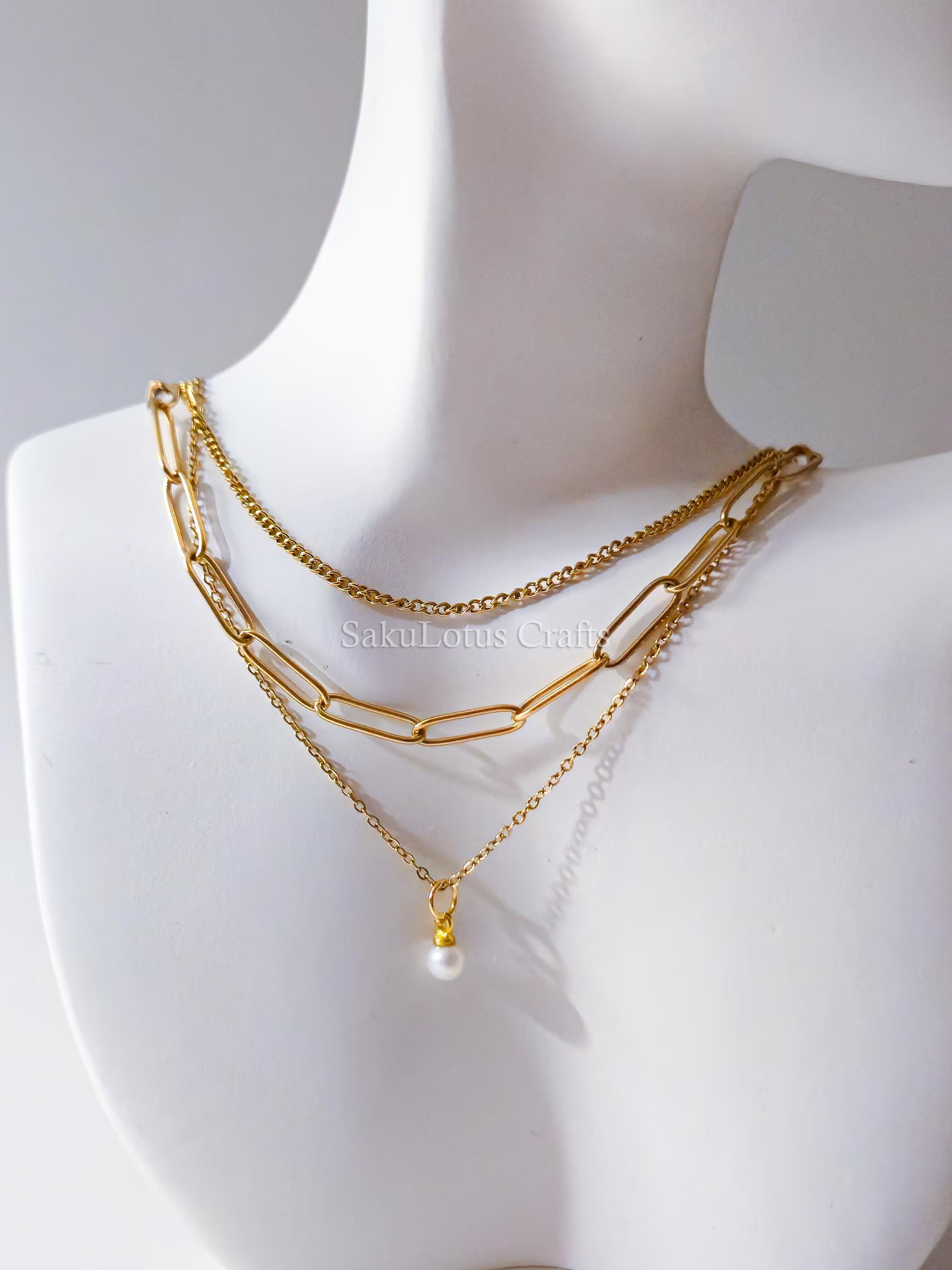 3 Layer 18K Gold Stainless Steel Necklace or Bracelet Set • Paper Clip Curb & Cable Chain • White Freshwater Pearl Jewelry