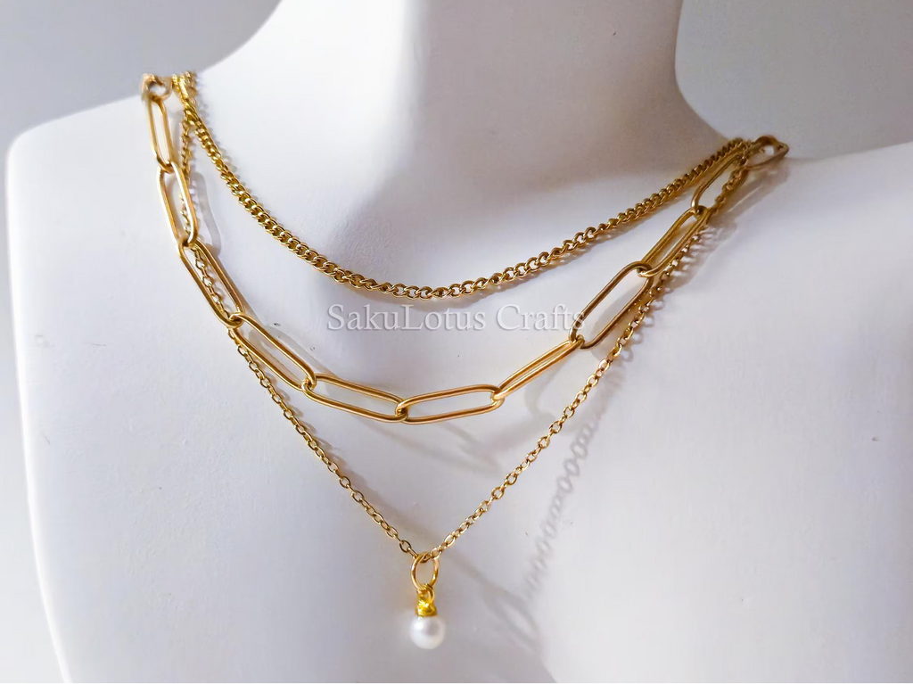 3 Layer 18K Gold Stainless Steel Necklace or Bracelet Set • Paper Clip Curb & Cable Chain • White Freshwater Pearl Jewelry