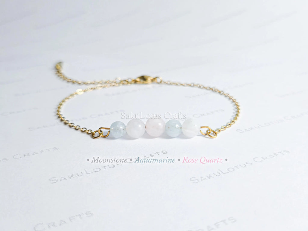 Dainty 5 Stone Natural Gemstone Bracelet • 6mm Beads • Stainless Steel Chain • Silver or 18K Gold • 7.5" + Extender