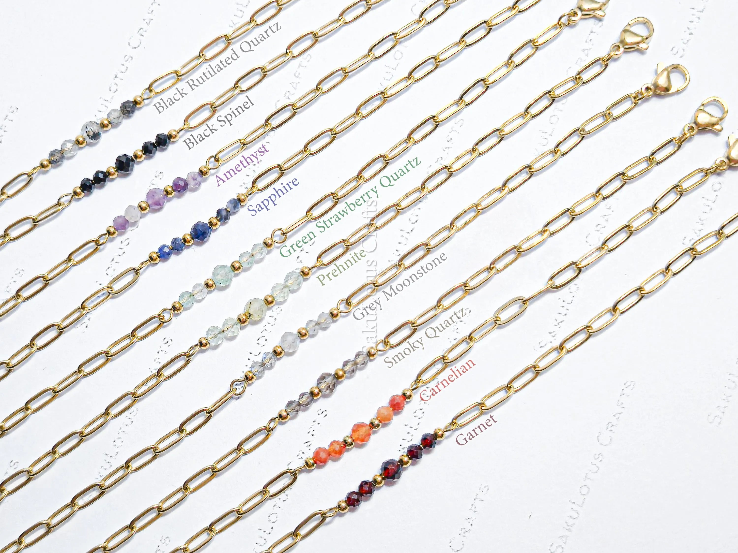 Dainty Paperclip Chain Natural Gemstone Bracelet • 7" + 1" Extender • Stainless Steel Gold or Silver • 10 Stone Options
