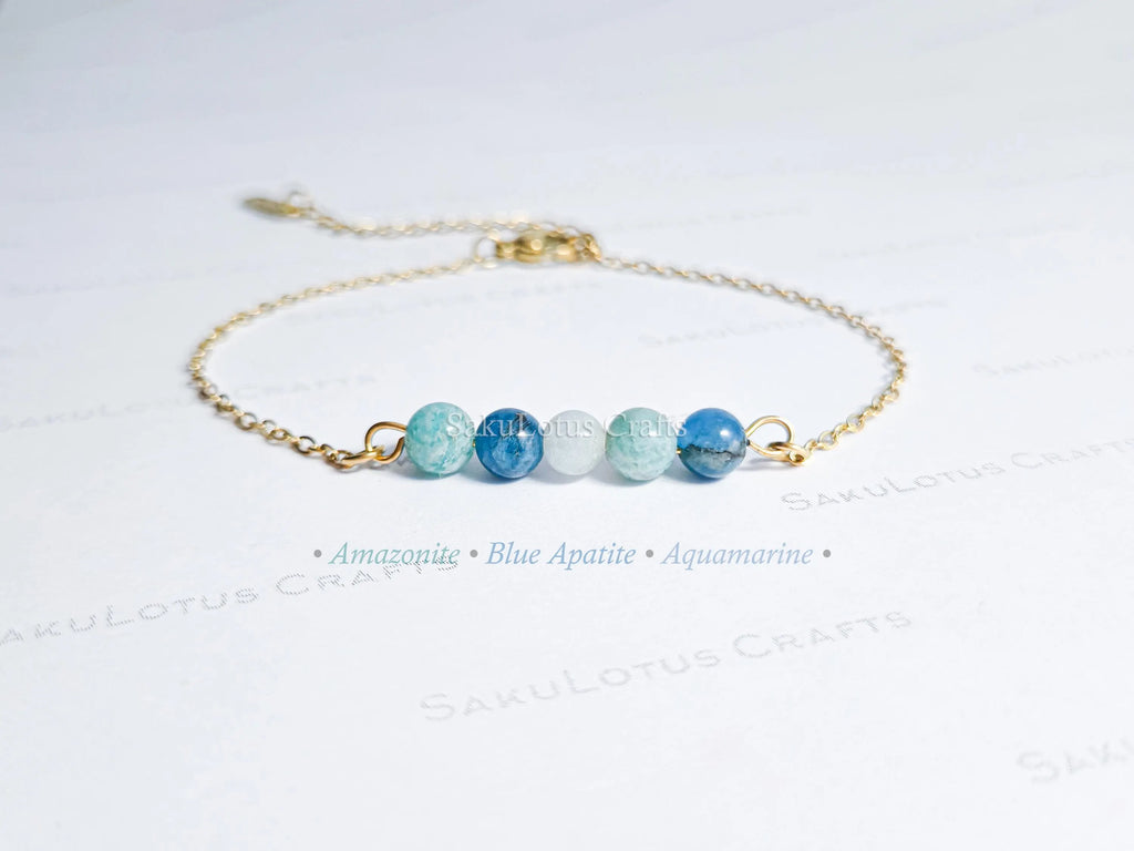 Dainty 5 Stone Natural Gemstone Bracelet • 6mm Beads • Stainless Steel Chain • Silver or 18K Gold • 7.5" + Extender