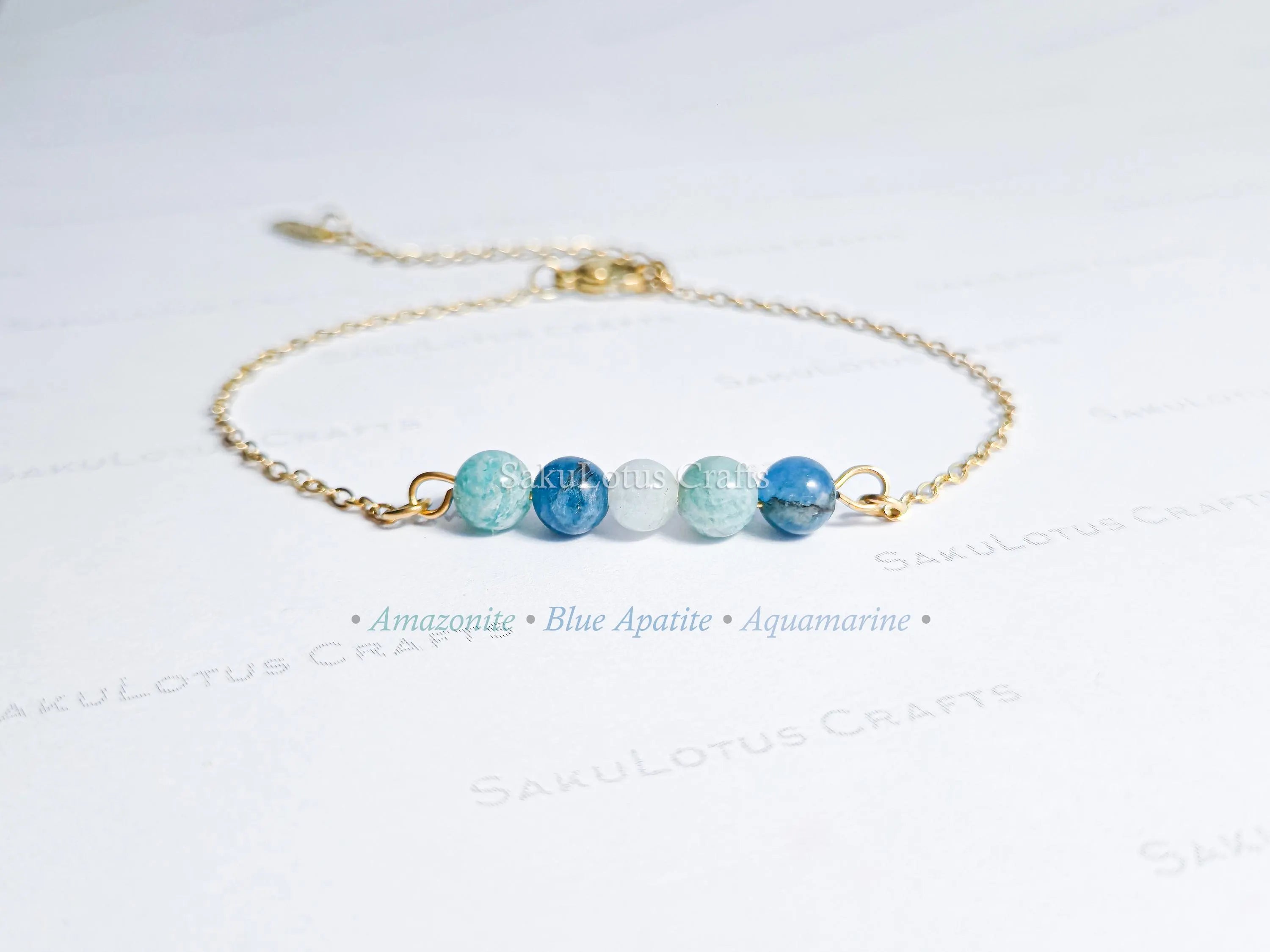 Dainty 5 Stone Natural Gemstone Bracelet • 6mm Beads • Stainless Steel Chain • Silver or 18K Gold • 7.5" + Extender