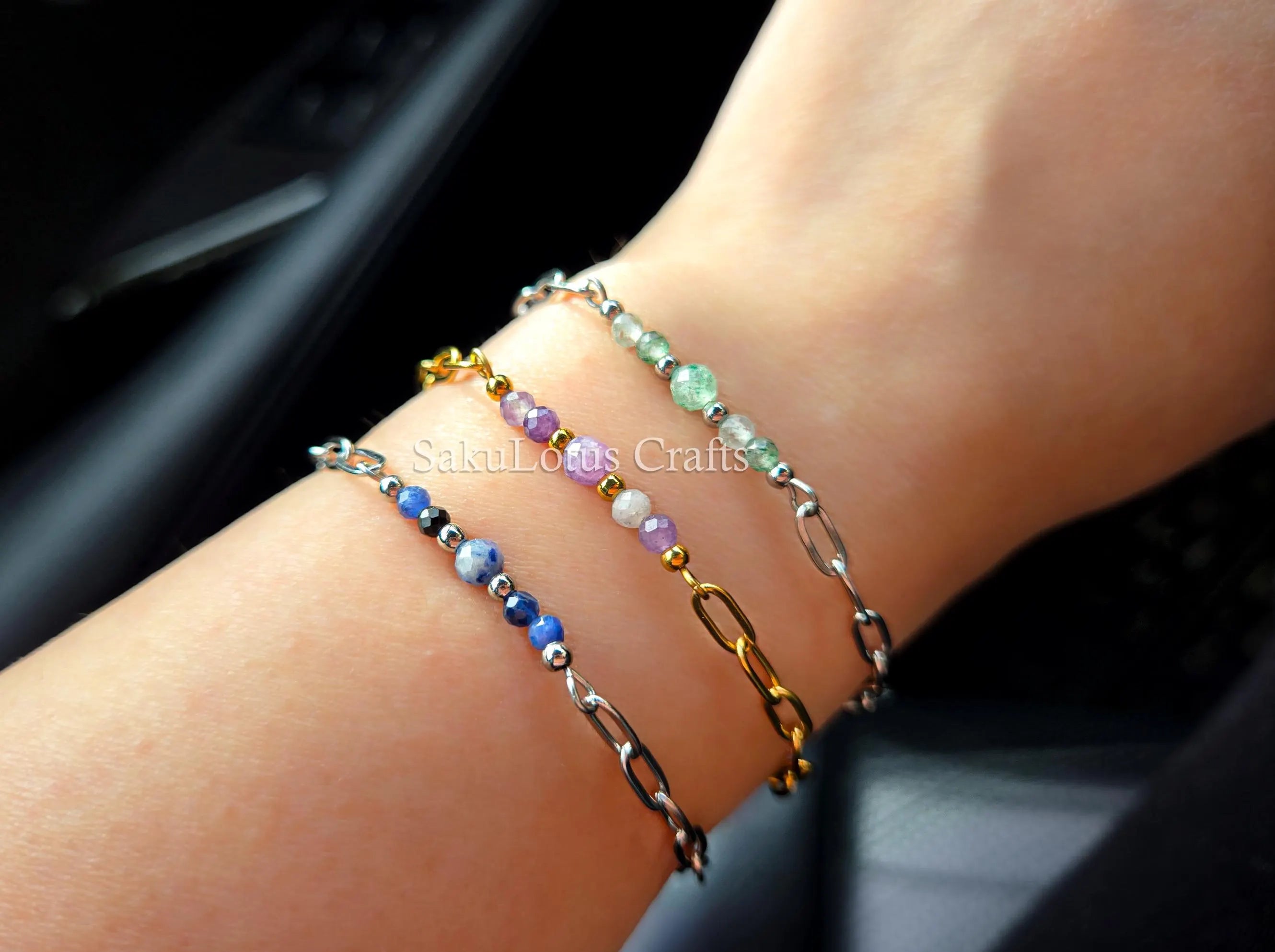 Dainty Paperclip Chain Natural Gemstone Bracelet • 7" + 1" Extender • Stainless Steel Gold or Silver • 10 Stone Options