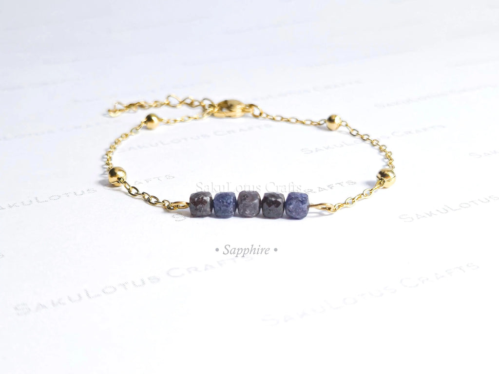 Birthstone Gemstone Bracelet • Cube-Cut Natural Stones • 18K Gold or Silver Stainless Steel • 7" + 1" Extender