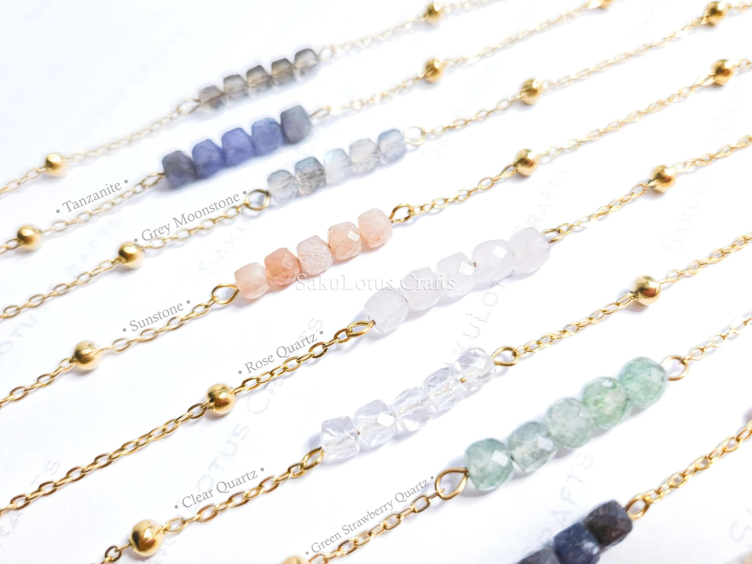 Birthstone Gemstone Bracelet • Cube-Cut Natural Stones • 18K Gold or Silver Stainless Steel • 7" + 1" Extender