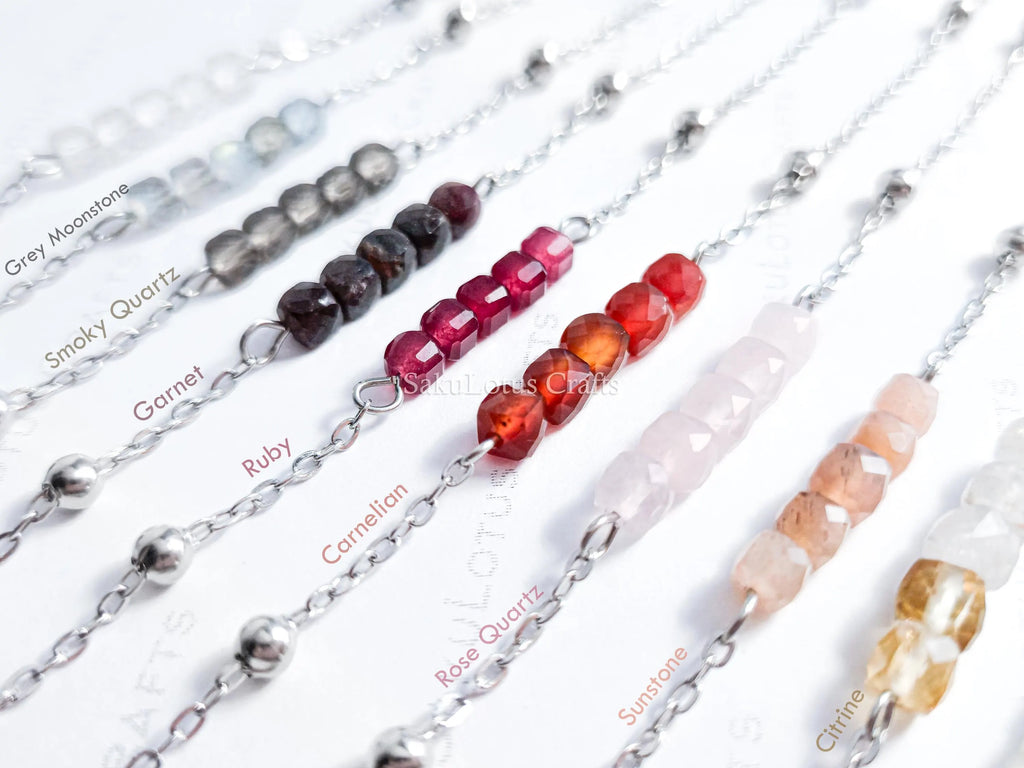 Birthstone Gemstone Bracelet • Cube-Cut Natural Stones • 18K Gold or Silver Stainless Steel • 7" + 1" Extender