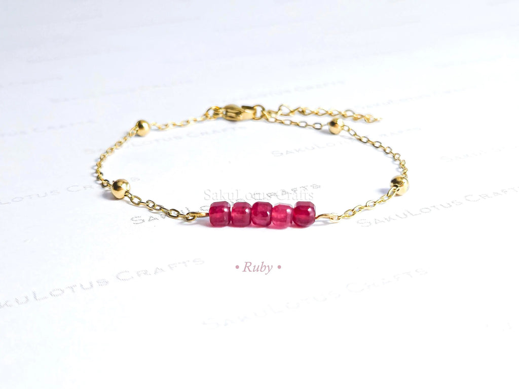 Birthstone Gemstone Bracelet • Cube-Cut Natural Stones • 18K Gold or Silver Stainless Steel • 7" + 1" Extender