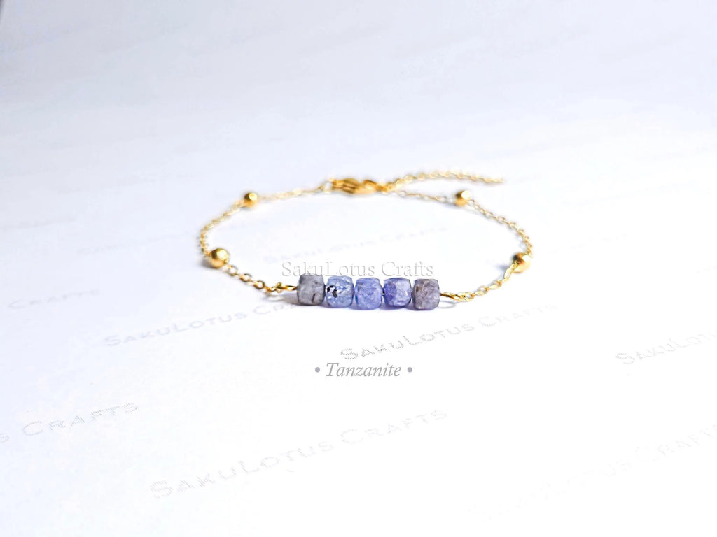 Birthstone Gemstone Bracelet • Cube-Cut Natural Stones • 18K Gold or Silver Stainless Steel • 7" + 1" Extender