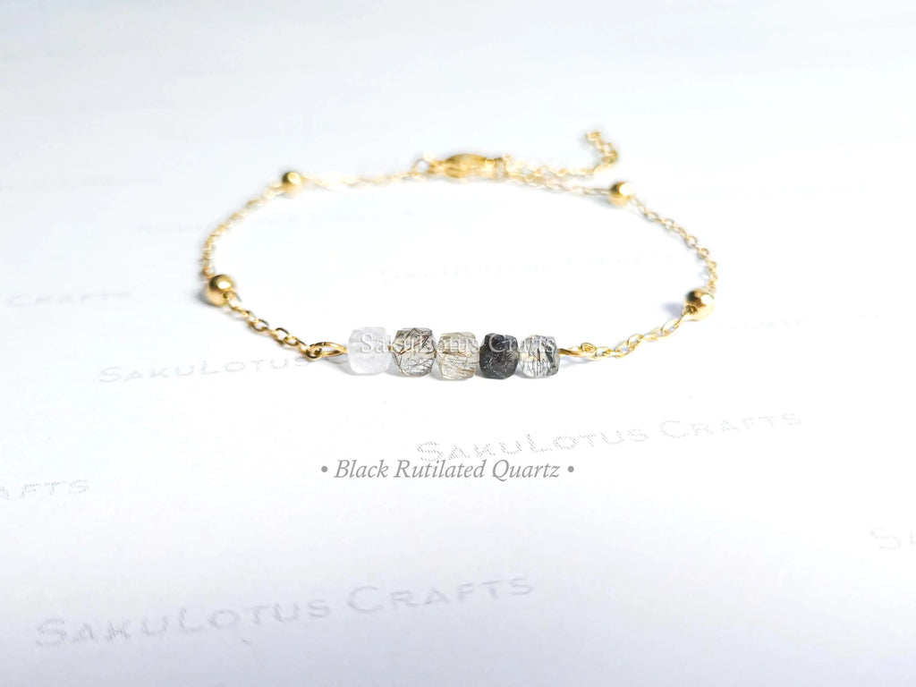 Birthstone Gemstone Bracelet • Cube-Cut Natural Stones • 18K Gold or Silver Stainless Steel • 7" + 1" Extender