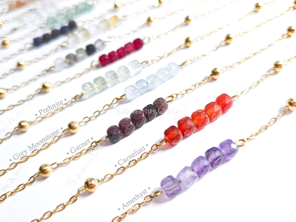 Birthstone Gemstone Bracelet • Cube-Cut Natural Stones • 18K Gold or Silver Stainless Steel • 7" + 1" Extender