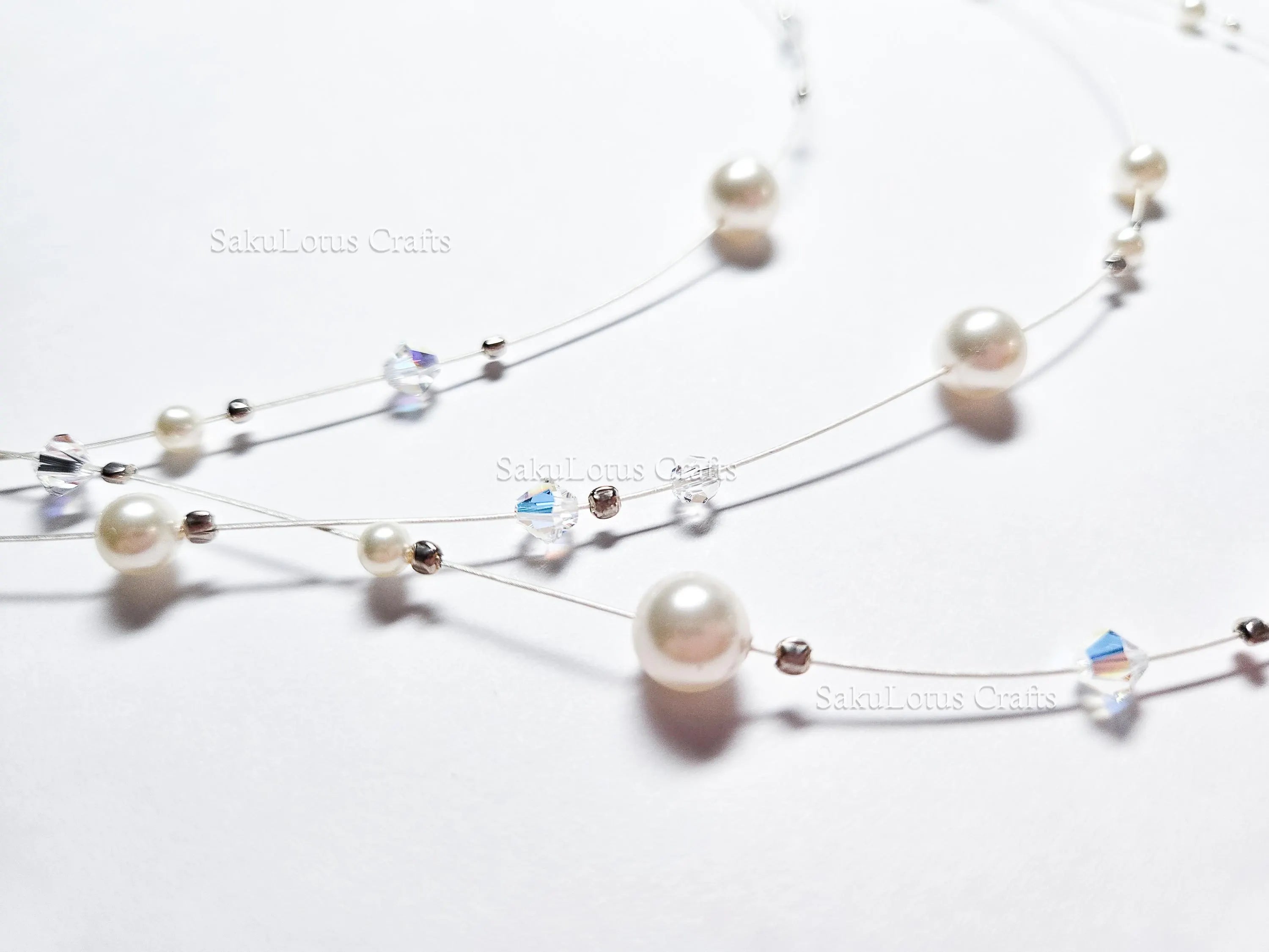 Handmade Floating Necklace Swarovski Pearl Crystal  • 925 Sterling Silver • Triple Layered 19" 21" 24" • 1127 Designs