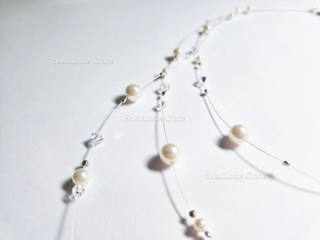 Handmade Floating Necklace Swarovski Pearl Crystal  • 925 Sterling Silver • Triple Layered 19" 21" 24" • 1127 Designs