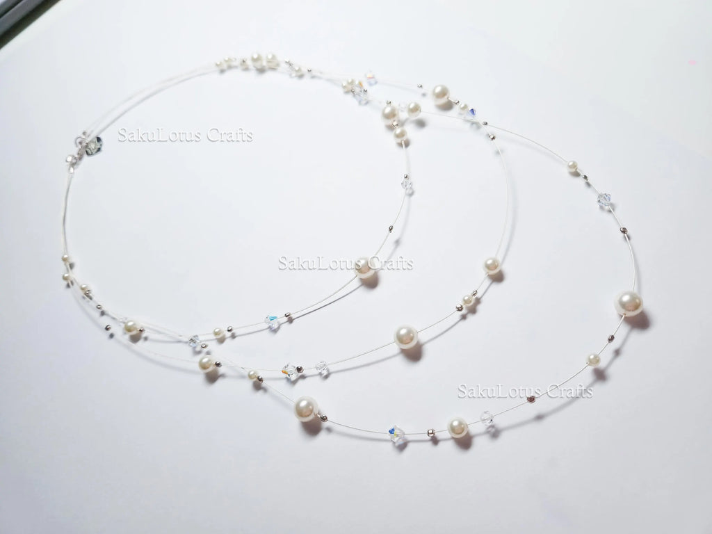 Handmade Floating Necklace Swarovski Pearl Crystal  • 925 Sterling Silver • Triple Layered 19" 21" 24" • 1127 Designs