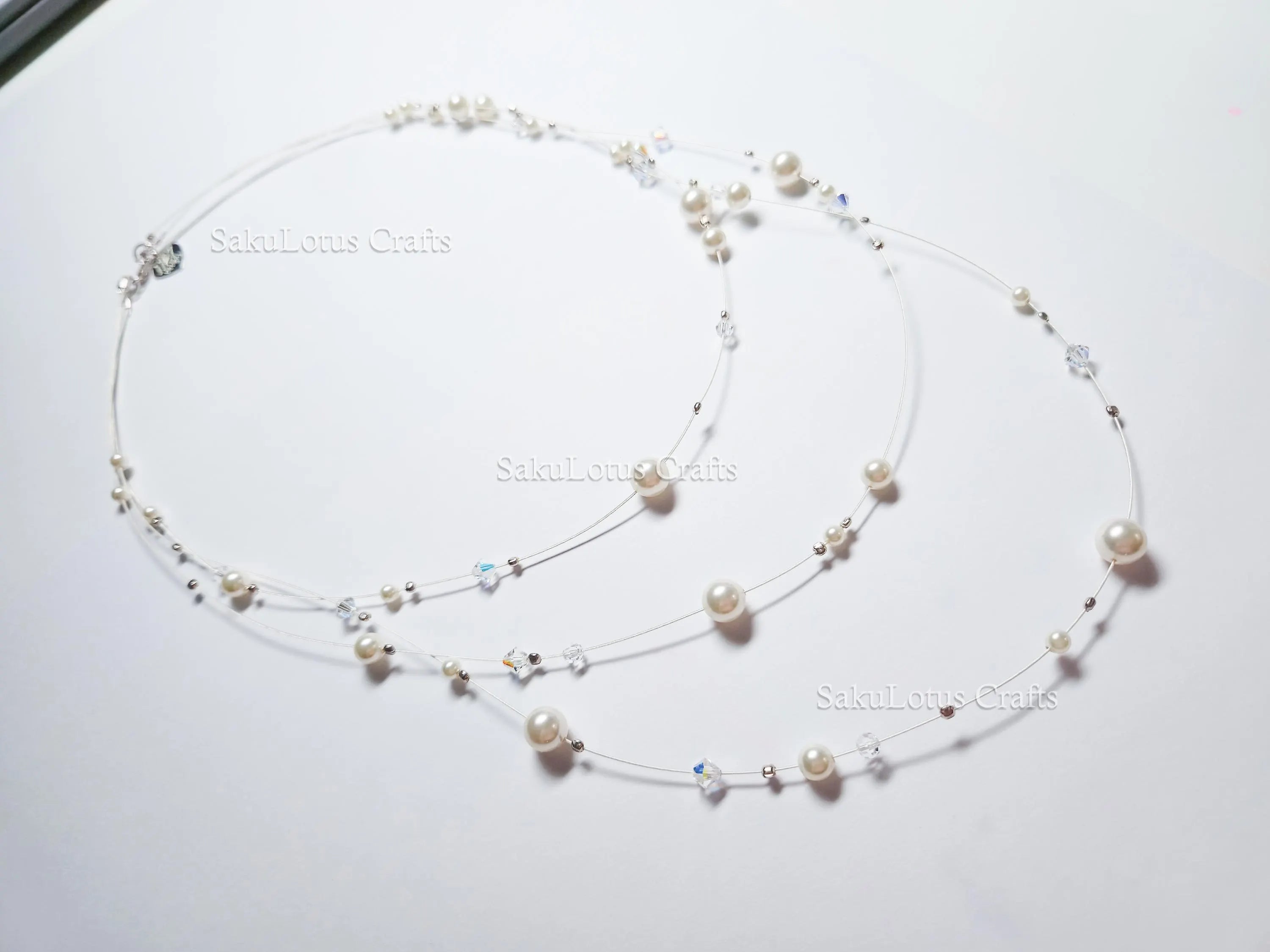 Handmade Floating Necklace Swarovski Pearl Crystal  • 925 Sterling Silver • Triple Layered 19" 21" 24" • 1127 Designs