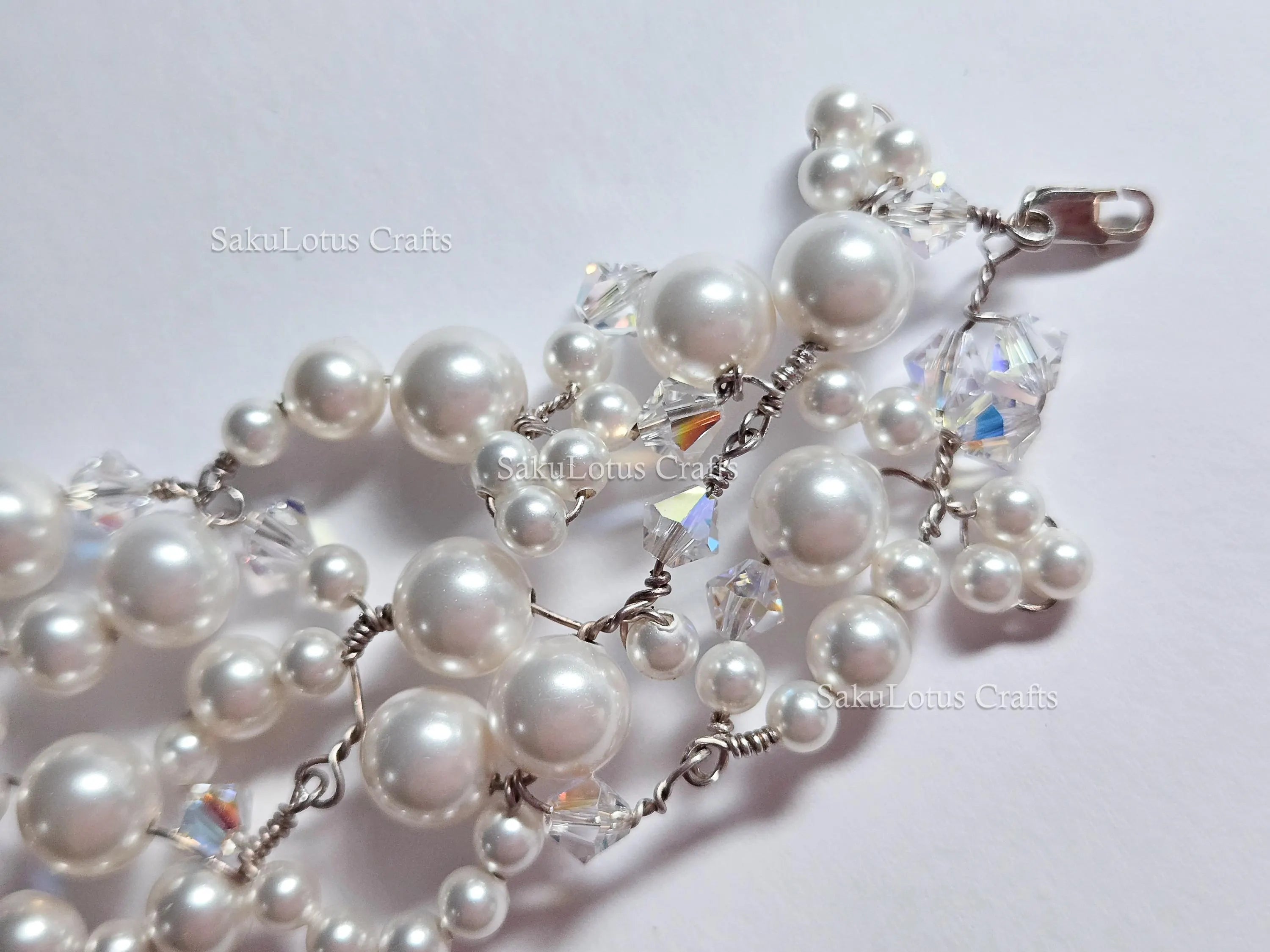 Handmade Swarovski Pearl & Crystal Cluster Bracelet – 925 Sterling Silver Vintage Style