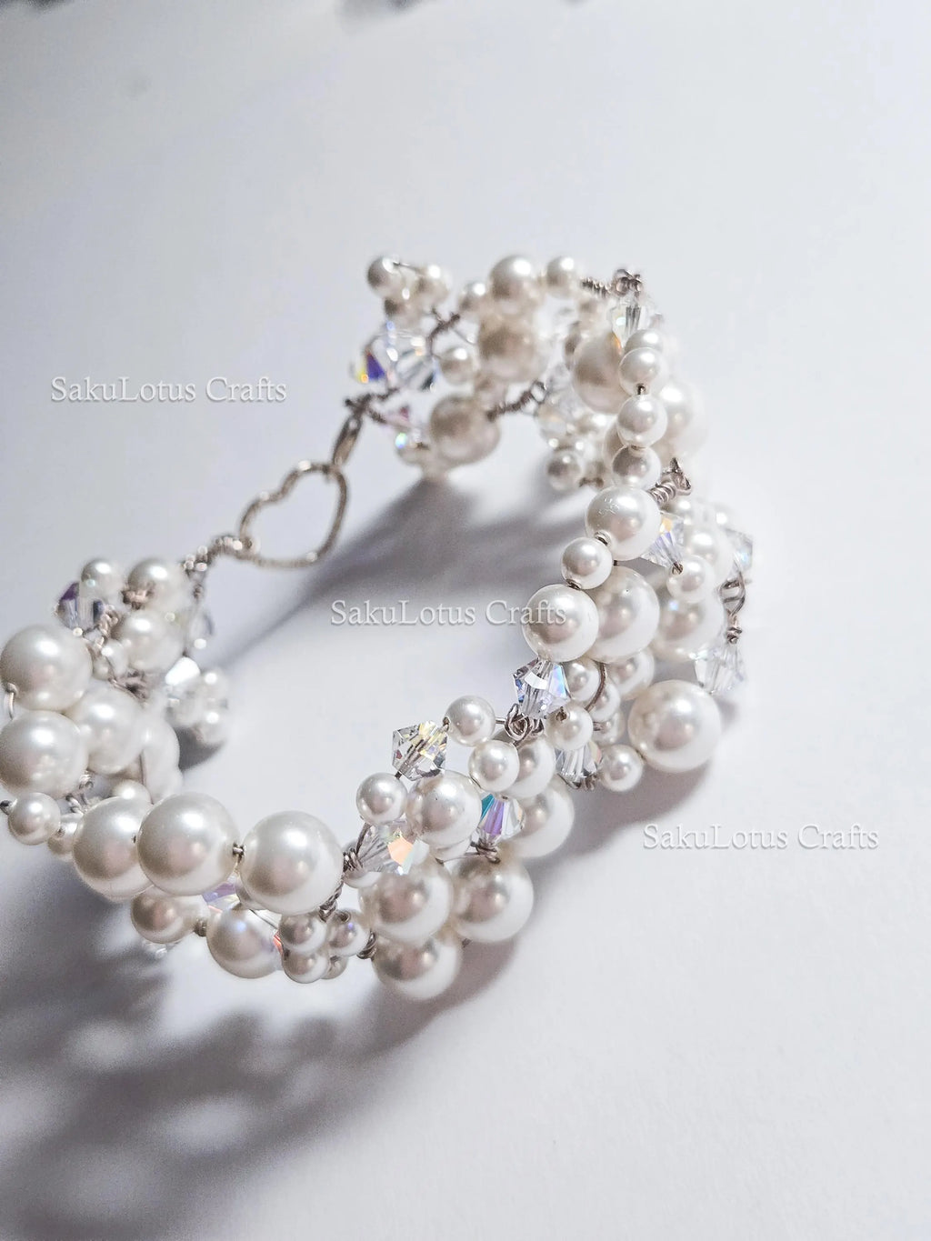 Handmade Swarovski Pearl & Crystal Cluster Bracelet – 925 Sterling Silver Vintage Style