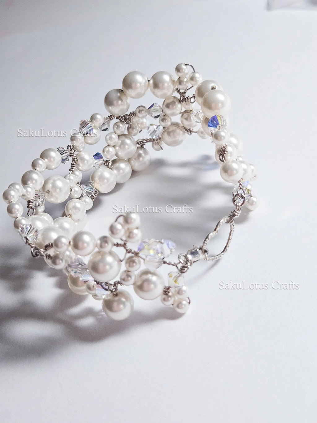 Handmade Swarovski Pearl & Crystal Cluster Bracelet – 925 Sterling Silver Vintage Style