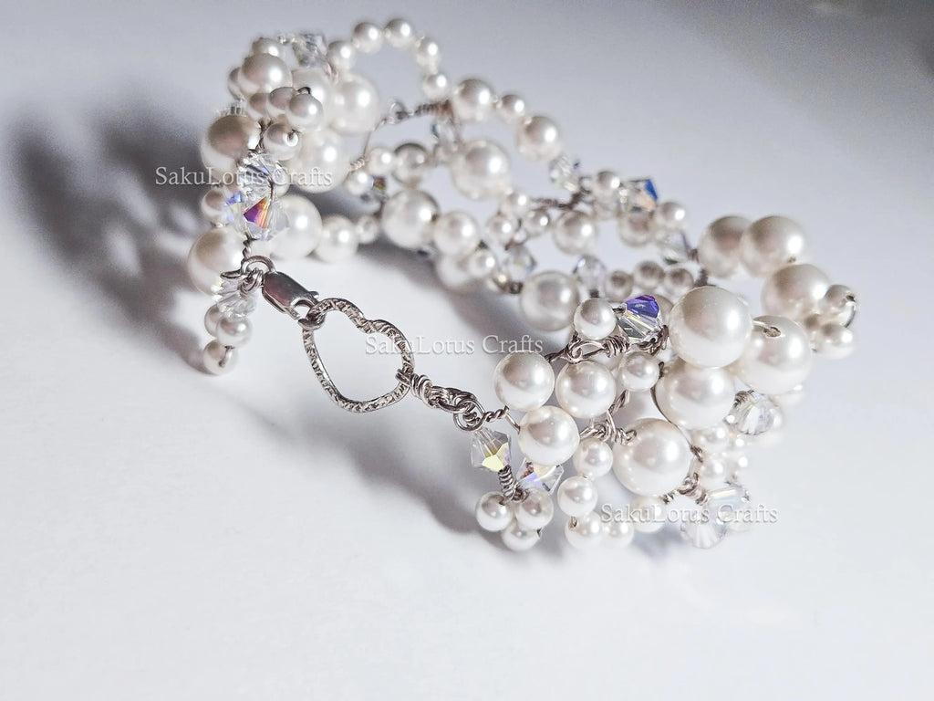 Handmade Swarovski Pearl & Crystal Cluster Bracelet – 925 Sterling Silver Vintage Style