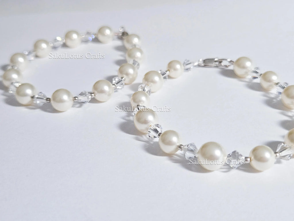 Swarovski Creamy White Pearl Crystal Bracelet • 925 Sterling Silver Vintage Handmade • 5 Styles A–E • 7"–7.5"