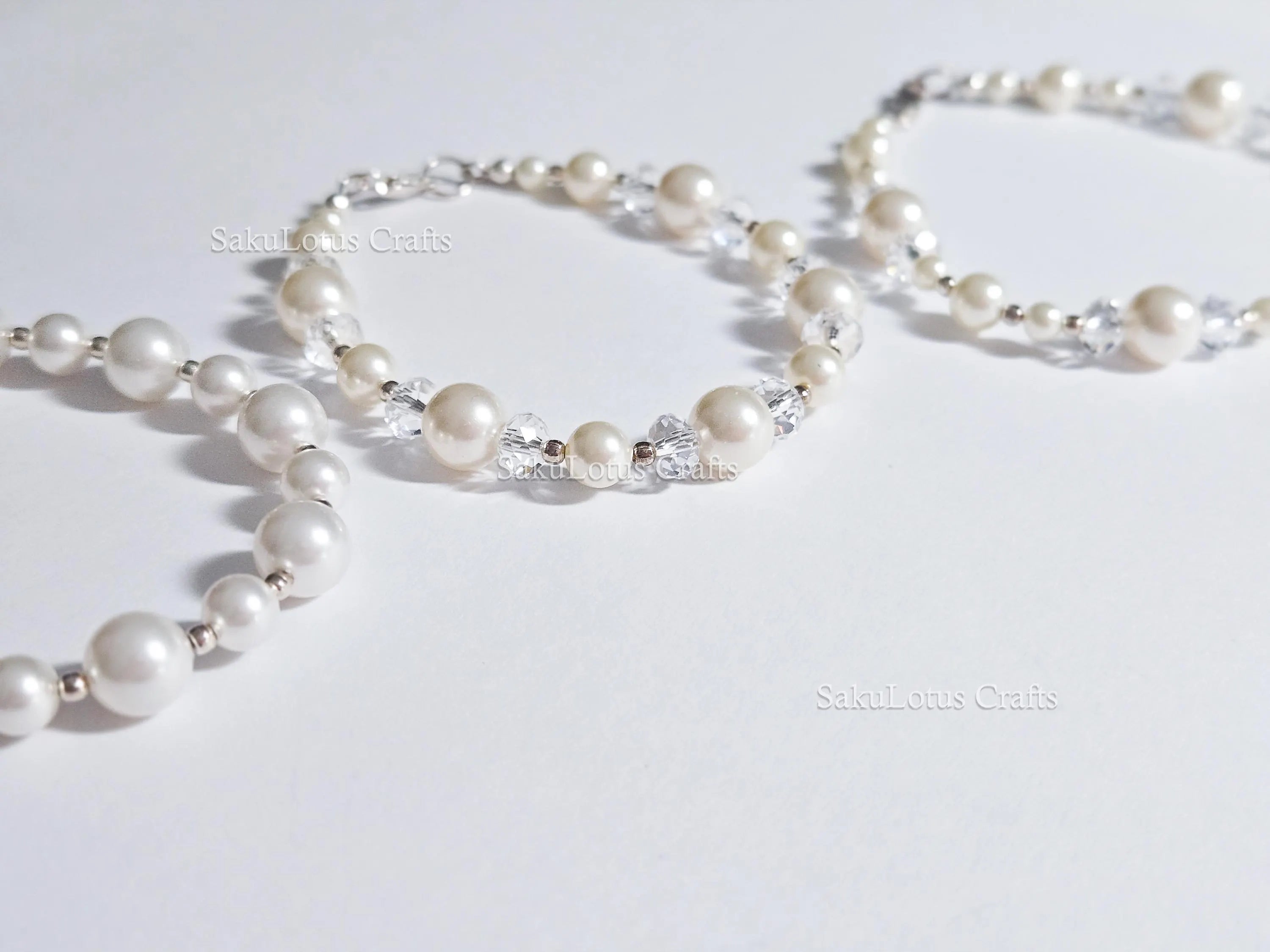Swarovski Creamy White Pearl Crystal Bracelet • 925 Sterling Silver Vintage Handmade • 5 Styles A–E • 7"–7.5"