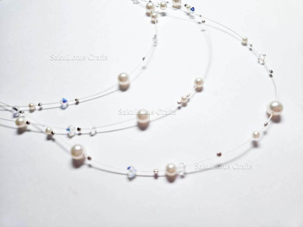 Handmade Floating Necklace Swarovski Pearl Crystal  • 925 Sterling Silver • Triple Layered 19" 21" 24" • 1127 Designs