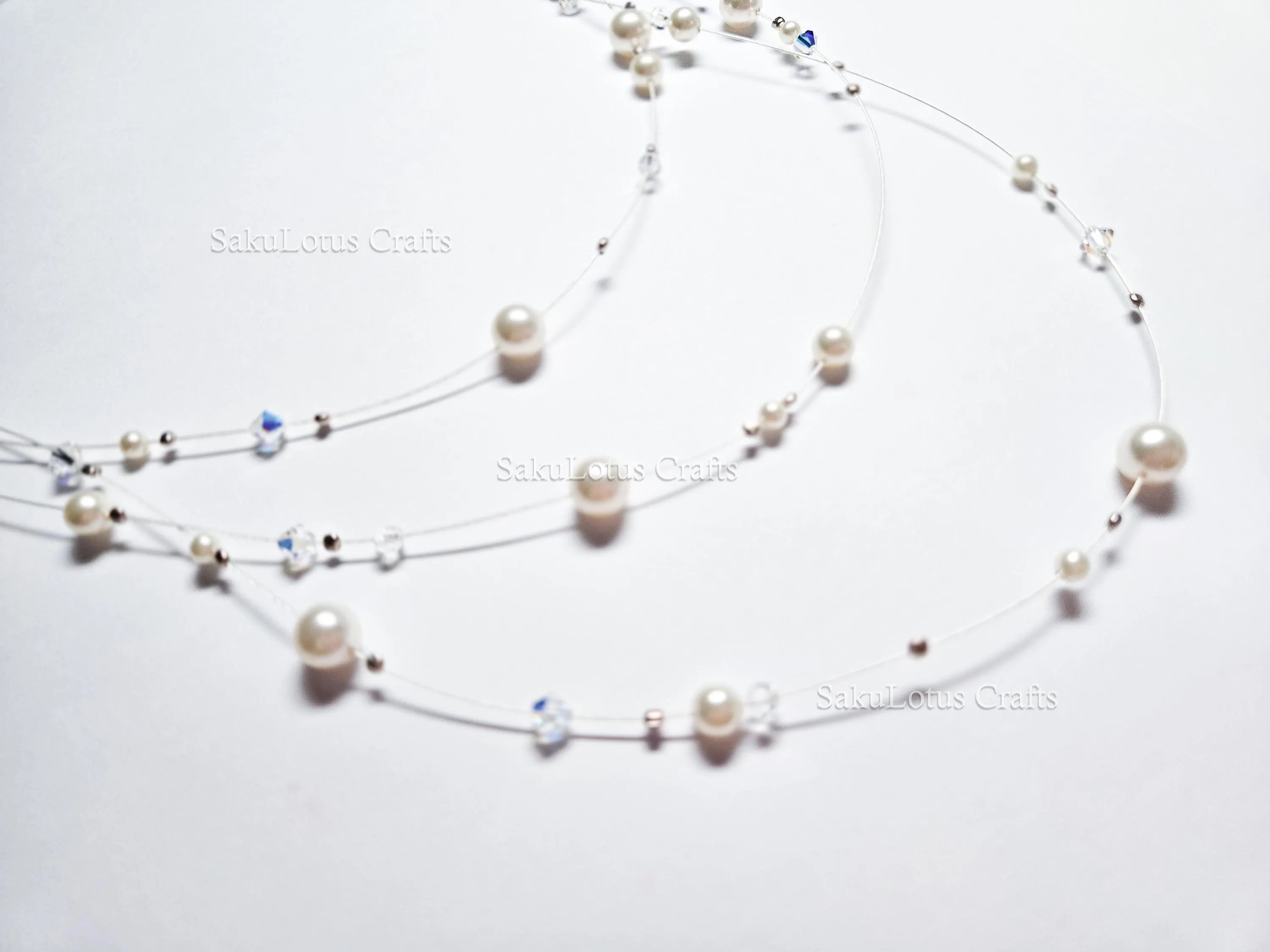 Handmade Floating Necklace Swarovski Pearl Crystal  • 925 Sterling Silver • Triple Layered 19" 21" 24" • 1127 Designs