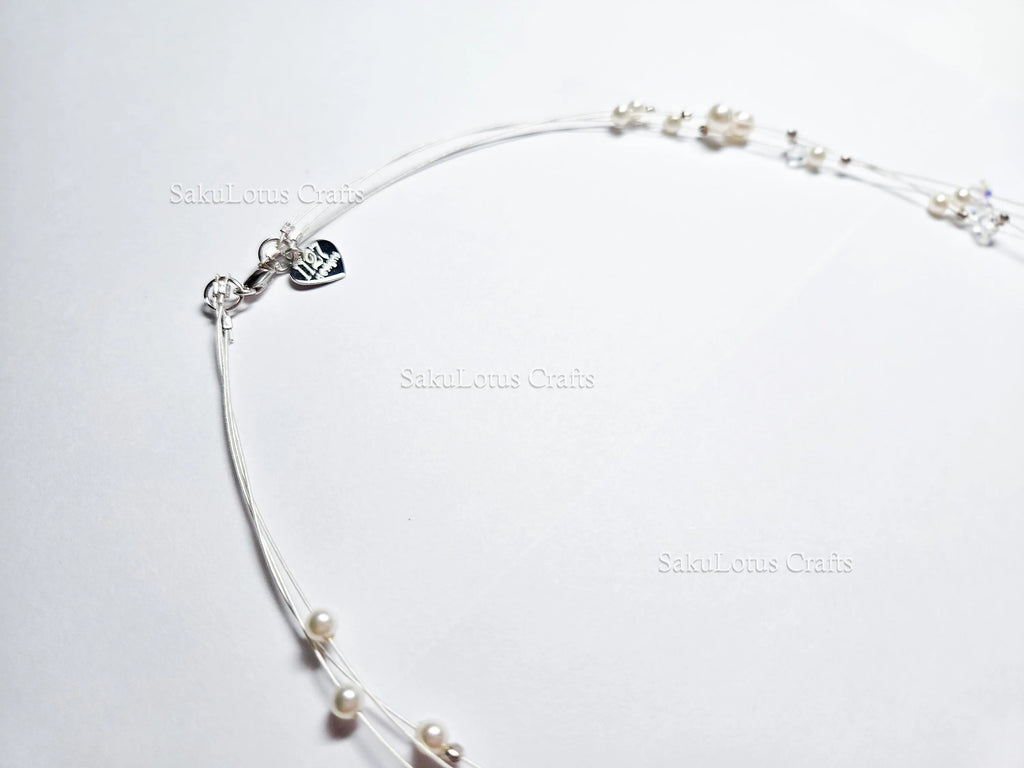 Handmade Floating Necklace Swarovski Pearl Crystal  • 925 Sterling Silver • Triple Layered 19" 21" 24" • 1127 Designs